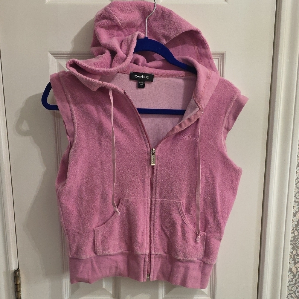 Bebe Y2k Baby Pink Cropped Hooded Sleeveless Terrycloth Zip Up Vest Jacket​​